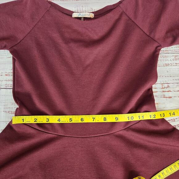 Freebird Stretch Fit & Flare Skater Dress Size S Burgandy Pleated Whimsy Fairy - Picture 10 of 14